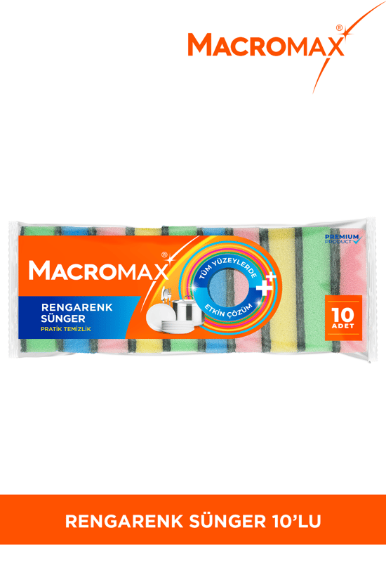 Macromax Rengarenk Bulaşık Süngeri 10'lu Mega Ekonomik Paket Çok Amaçlı Yüzey Süngeri