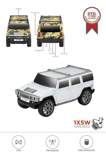 Torima D-48 Beyaz Araba Tasarım USB/TWS/FM Bluetooth Hoparlör Speaker