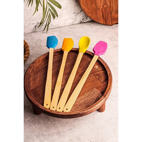 Balsa 4'lü Yanmaz Yapışmaz Renkli Silikon Başlıklı Ahşap Spatula Seti Çok Renkli