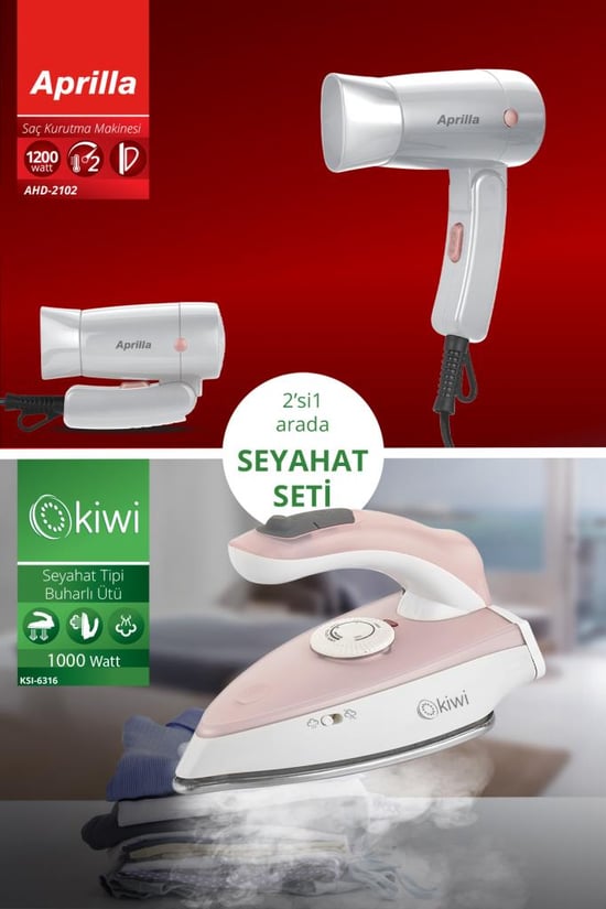 Kiwi Kats-12 2'si 1 Arada Katlanabilir Ütü ve Saç Kurutma Makinesi Dahil Seyahat Seti