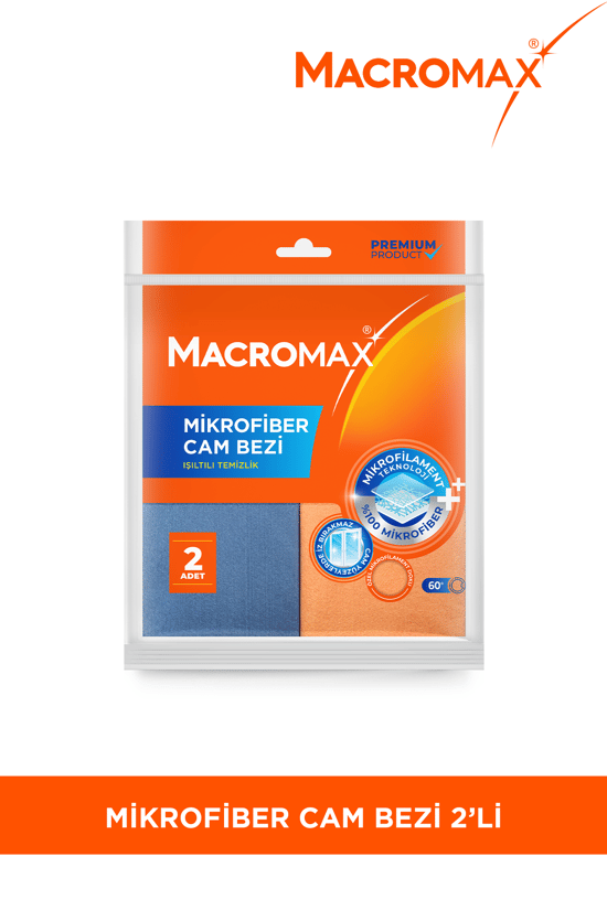 Macromax Mikrofiber Cam Bezi 2'li Set Mikrofilament Teknolojisi ile Leke ve İz Bırakmaz Ayna Bezi