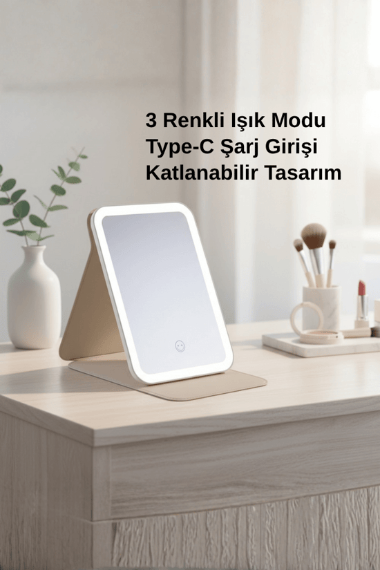 Pure Es Katlanabilir LED Işıklı Makyaj Aynası – 60° Ayarlanabilir, 3 Renkli Mor