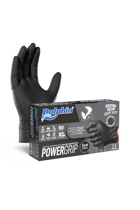Dolphin PowerGrip Ekstra Kalın Siyah Nitril Eldiven Elmas Dokulu XL Beden 50 Adet