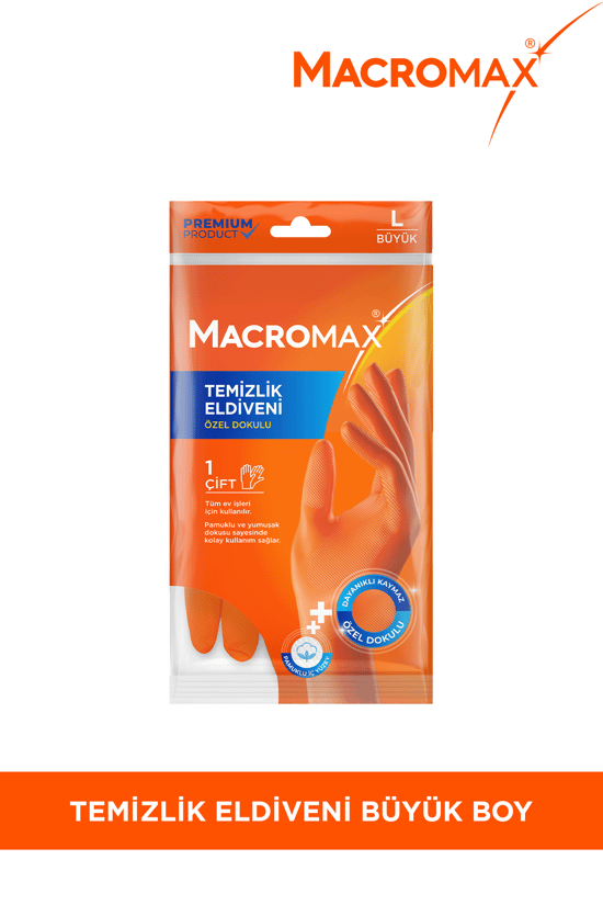 Macromax Büyük Boy Large Beden Temizlik Eldiveni Pamuklu İç Yüzeyli Kaydırmaz Desenli