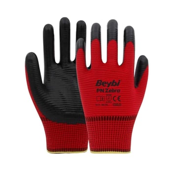 Beybi Pn Zebra Kırmızı Polyester Örme Nitril Iş Eldiveni 10 Beden
