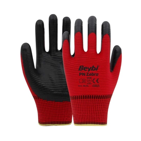 Beybi Pn Zebra Kırmızı Polyester Örme Nitril Iş Eldiveni 10 Beden