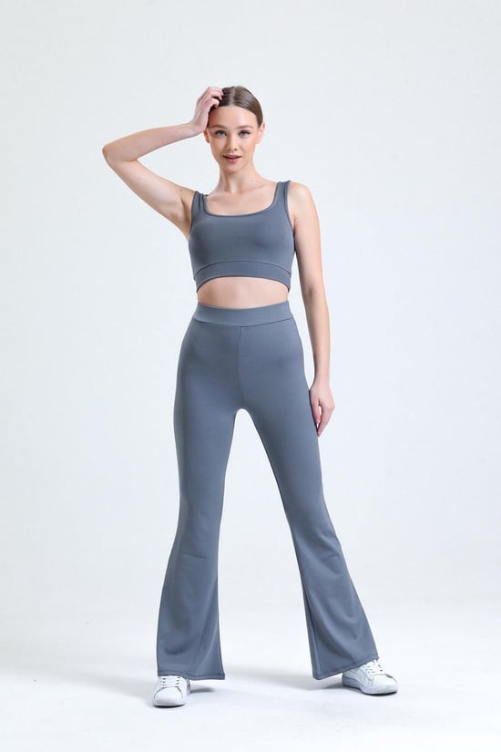 Thiff Yüksek Bel Fitilli Ispanyol Paça Interlok Örme Tayt