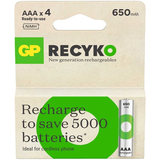 GP Batteries Recyko 650mAh AAA İnce Kalem Ni-Mh Şarjlı Pil, 1.2 Volt, 4'lü Kart