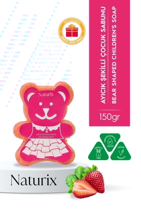 Naturix Ayıcık Şekilli Süngerli Çilekli Çocuk Sabunu Hassas Ciltler İçin Yumuşak Bakım 150 gr