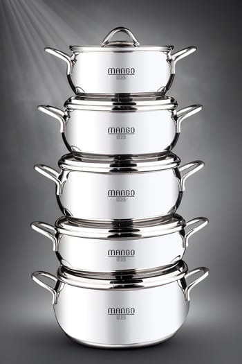 Mango Kitchen Dara Steel - 10 Parça Çelik Tencere Seti Paslanmaz Çelik Master Steel 18/10 Çelik