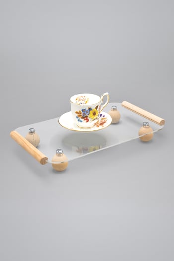 Pikas Ahşap Top Ayaklı Pleksi Şeffaf Dekoratif Tepsi, Düzenleyici,Sunumluk