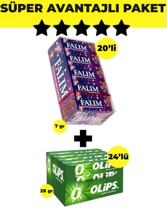 Falım Orman Meyve Aromalı Sakız (5'li x 20 Adet)- Olips Nane Şekerleme 24'lü Paket (28gr x 24 Adet) - Avantajlı Falım Olips Paketi