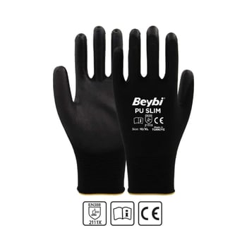 Beybi Pu Touch Siyah Poliüretan Kaplı Polyester Örme Nitril Iş Eldiveni 7 Beden