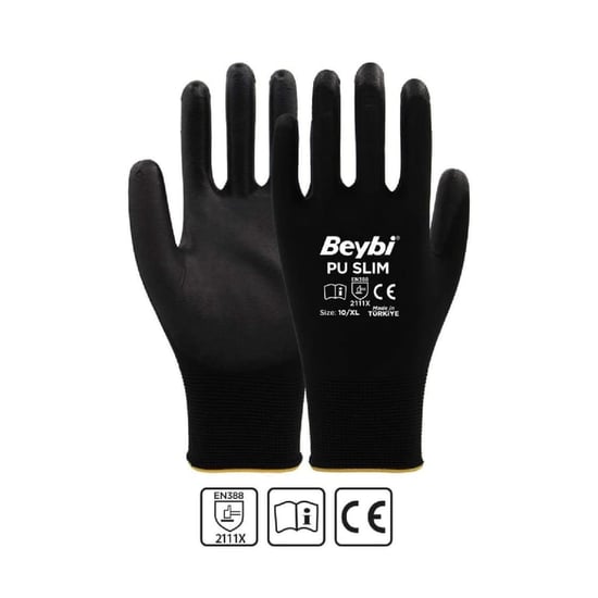 Beybi Pu Touch Siyah Poliüretan Kaplı Polyester Örme Nitril Iş Eldiveni 7 Beden