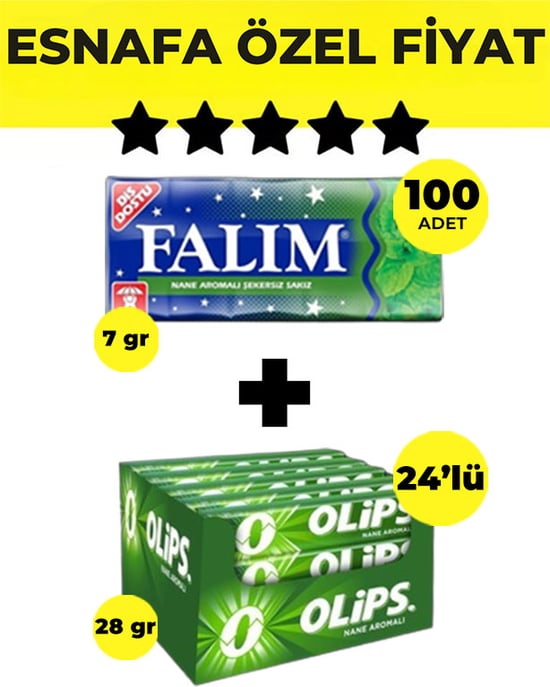 Falım Nane Aromalı Sakız (5'li 7gr x 100 Adet)- Olips Nane Şeker 24’lü Paket (28gr x 24 Adet) Avantajlı Falım-Olips Paketi