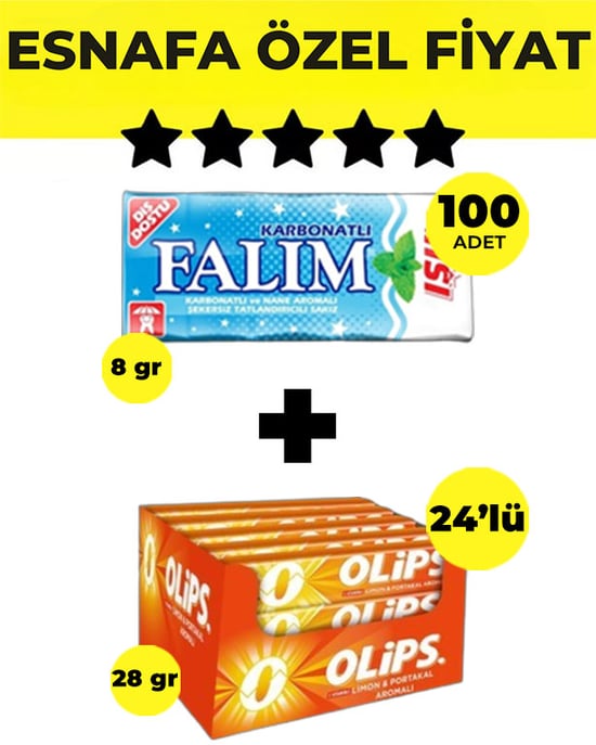 Falım (5'li 8 gr x 100 Adet) - Olips (28gr x 24) Avantajlı Karbonatlı Sakız ve  Limon&Portakallı Şekerleme Paketi