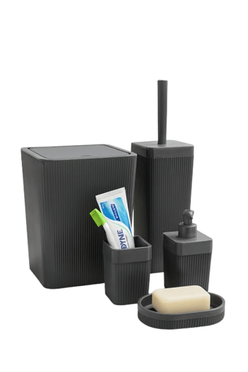 Füme renkli 4 parça banyo seti ile banyonuza düzen ve modern bir görünüm kazandırın. Çöp kovası, sabunluk, sıvı sabunluk ve diş fırçalık bir arada.