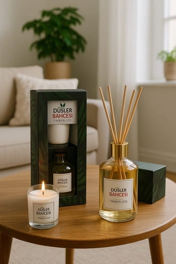Düşler Bahçesi çubuklu oda kokusu 100 ml  ve kokulu mum set  120 gr ( TIMBERLOS ÖZEL SERİİ )