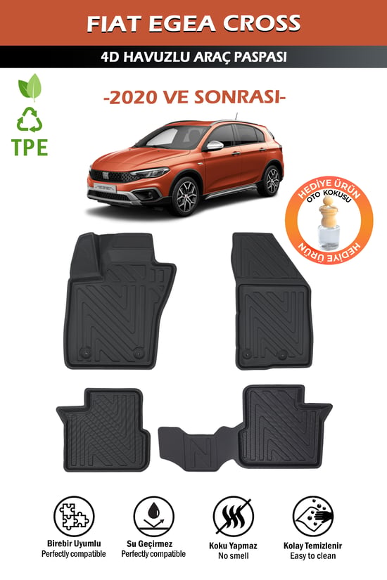 Havuzlu 4d Siyah Paspas Takımı,Fiat-Egea-Cross 2020 Ve Sonrası4d Havuzlu Paspas Hediye Araç Kokusu