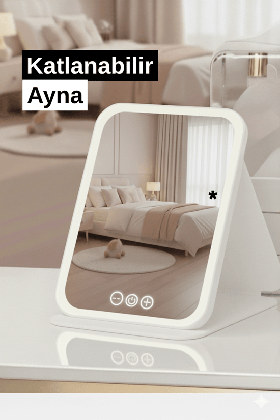 Pure Es Katlanabilir LED Işıklı Makyaj Aynası – Tricolor Ayarlanabilir Işık, Şarjlı, Taşınabilir Tasarım