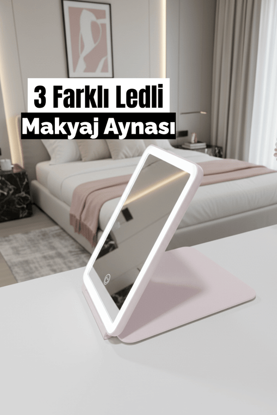 Pure Es Makyaj Aynası – 3 Renkli Işık, 60° Ayarlanabilir, Şarjlı ve Taşınabilir Pembe