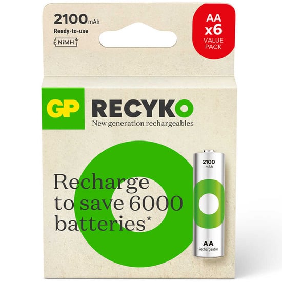 GP Batteries Recyko 2100mAh AA Kalem Ni-Mh Şarjlı Pil, 1.2 Volt, 6'lı Kart