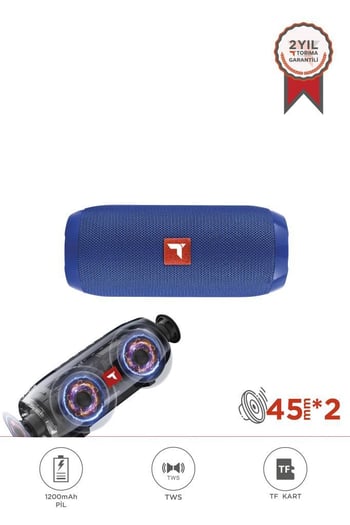 Torima D47 Mavi Bluetooth Hoparlör Kablosuz Taşınabilir Ses Bombası TWS, USB, TF Kart, 1200 mah