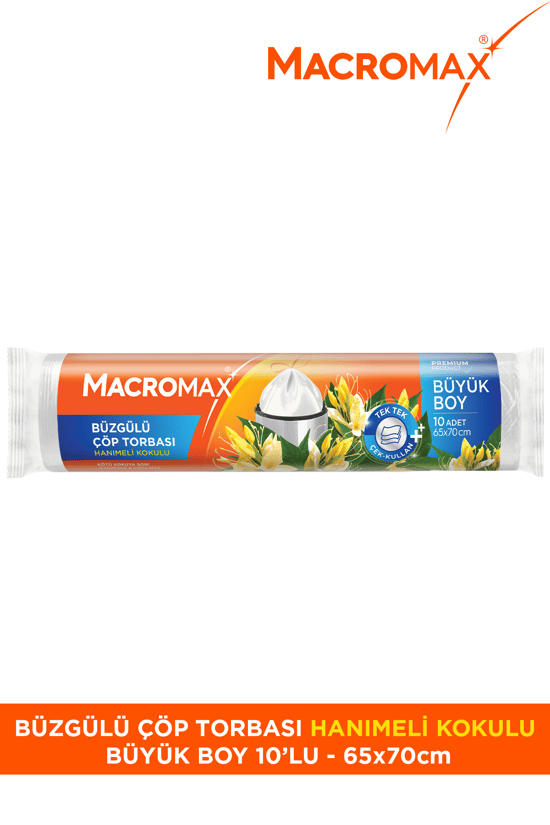 Macromax Büzgülü Çöp Torbası Büyük Boy (65x70cm) Hanımeli Kokulu 10 Adet Süper Ekonomik Paket