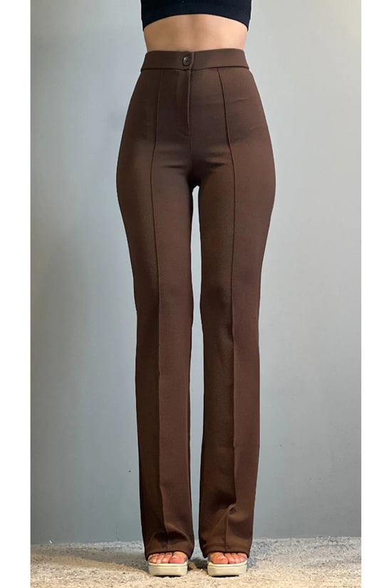 Thiff Krep Kumaş Likralı Önü Çimalı Kahverengi Kadın Palazzo Pantolon