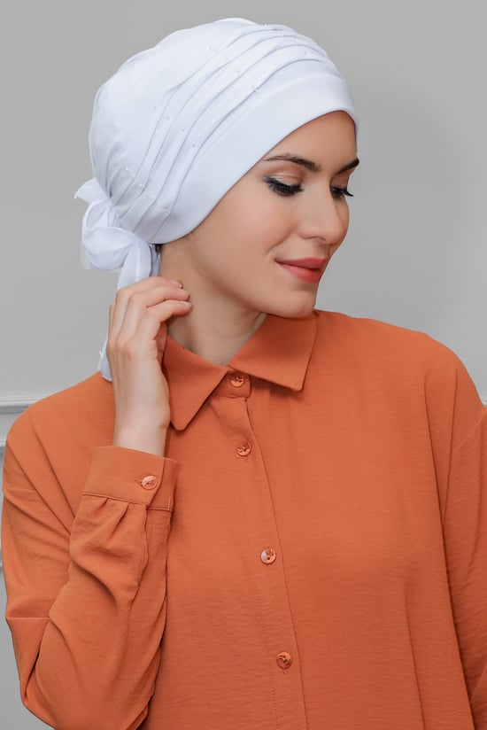 Hürrem Bone Beyaz Pratik Hazır Geçmeli Tesettür Bone Sandy Kumaş İncili Pileli Nervürlü Güllü 1805_42