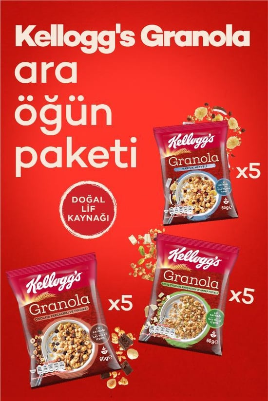 Kellogg's Granola 60 Gr x15 Adet,Çikolata Parçacıklı&Fındık,Meyve