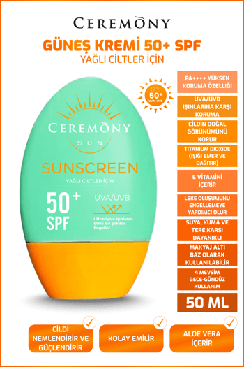 Ceremony UVA-UVB Yüksek Koruma Doğal Görünümlü Hızlı Emilen 50+SPF Güneş Kremi Yağlı Ciltler 50ml