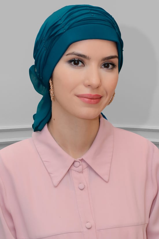 Hürrem Bone P. Mavisi Pratik Hazır Geçmeli Tesettür Bone Sandy Kumaş İncili Pileli Nervürlü Güllü 1805_17