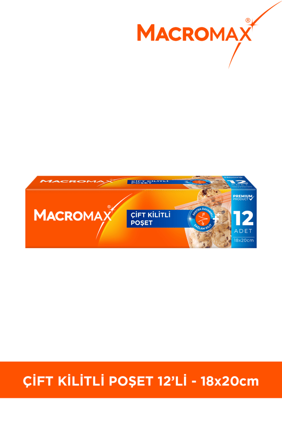 Macromax Çift Kilitli Poşet 12 Adet (18x20 cm) Sızdırmaz Hava Geçirmez Buzdolabı Poşeti