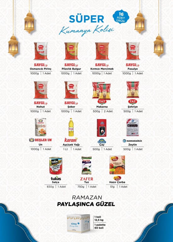 Konya Toptan Ramazan Süper 16 Parça Ürün Kumanya Paketi - Süper Ramazan Kolisi