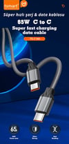 tsmart 65W Süper Hızlı type C to type C şarj kablosu TS-C160