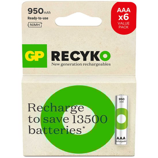 GP Batteries Recyko 950mAh AAA İnce Kalem Ni-Mh Şarjlı Pil, 1.2 Volt, 6'Lı Kart