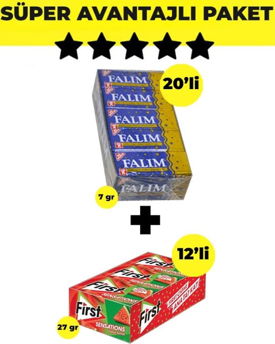 Falım Damla Aromalı Sakız (5'li x 20 Adet)- First Sensations Karpuz Aromalı Sakız (27gr x 12 Adet)  - Avantajlı Falım First Paketi
