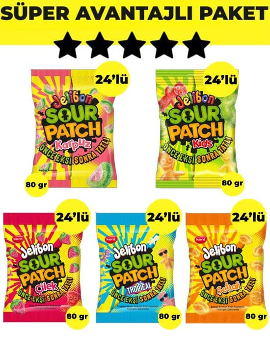 Jelibon Sour Patch Çeşitleri 80gr- 120 Adet- 5 Koli