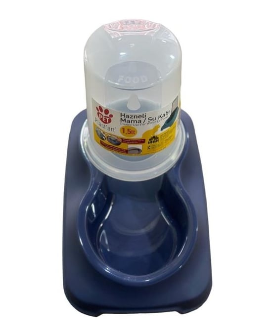 Petplast'art Hazneli Kedi Mama & Su Kabı 1,5lt Mavi