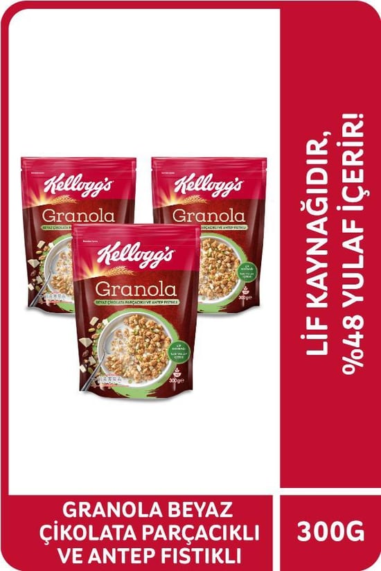Kellogg's Beyaz Çikolata Parçacıklı&Antep Fıstıklı Granola 300Gr x3Adet,%46 Yulaf içerir,Lif Kaynağı