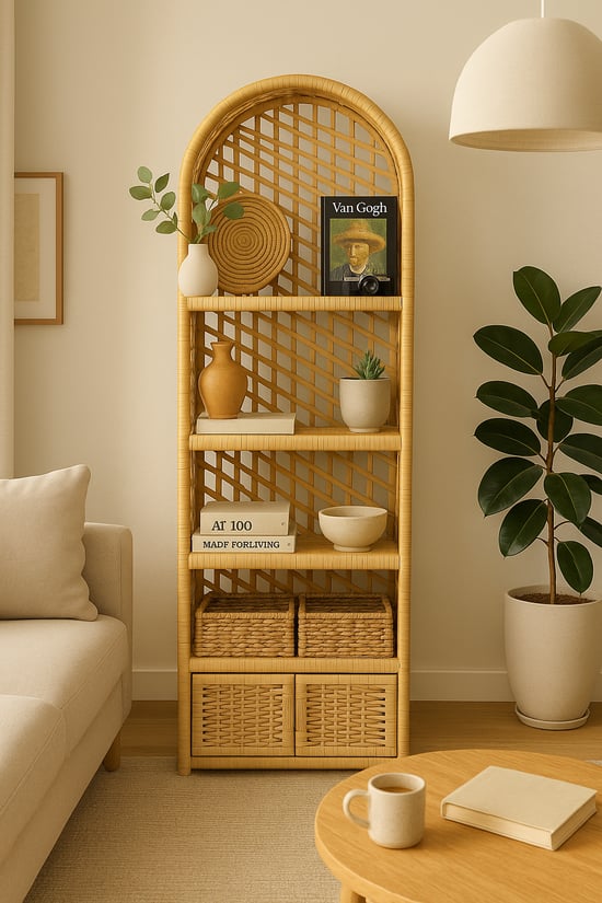 Rafiste Dekoratif Hasır Kapaklı 5 Raflı Çok Amaçlı Kitaplık