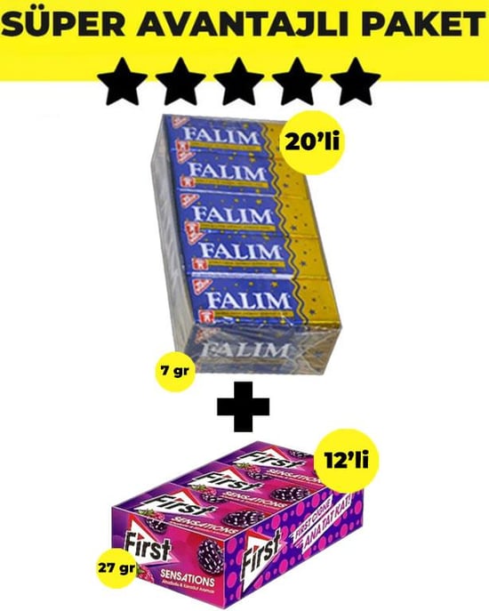 Falım Damla Aromalı Sakız (5'li x 20 Adet)- First Sensations Ahududu ve Karadut Aromalı Sakız (27gr x 12 Adet) - Avantajlı Falım First Paketi