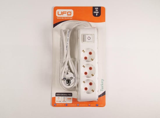 Ufo 3'lü 2.5 Metre Anahtarlı Akım Korumalı Grup Priz Beyaz