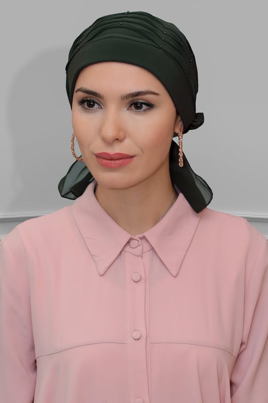 Hürrem Bone Haki Pratik Hazır Geçmeli Tesettür Bone Sandy Kumaş İncili Pileli Nervürlü Güllü 1805_09