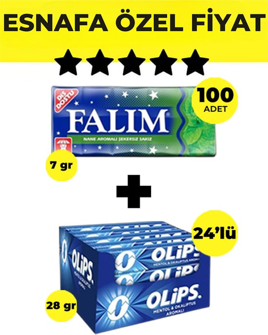 Falım Nane Aromalı Sakız (5'li 7gr x 100 Adet)- Olips Mentol Okaliptus Şeker 24’lü Paket (28gr x 24 Adet) Avantajlı Falım-Olips Paketi