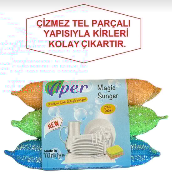 Viper 3'lü Farklı Renklerde Simli Magic Sünger Bulaşık Süngeri
