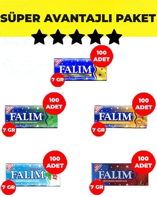 Falım Karışık-Çilek-Damla-Işıl-Nane Aromalı Sakız (5'li 7gr x 100'er Adet) Avantajlı Falım First Paketi
