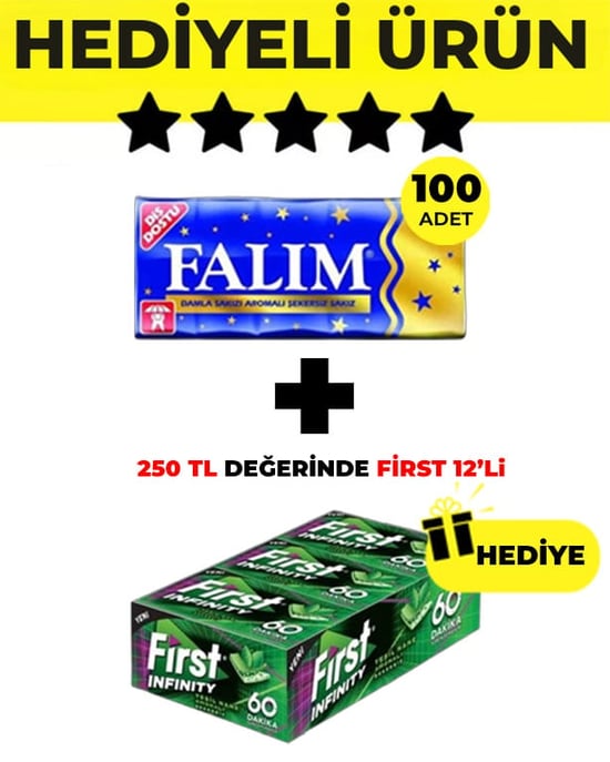 Falım (5'li 7gr x 100 Adet)- First (27gr x 12) Avantajlı Falım Damla Sakız ve First 60 Dakika Yeşil Nane Sakız
