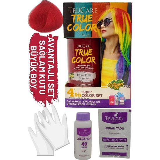 Trucare Truecolor Biber Kızılı Saç Boyası Seti Saç Açıcı ve Eldivenli